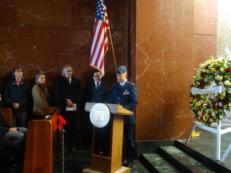 Lt. Col. Mark Ashman delivers remarks during the 2016 Veterans Day Ceremony at Florence American Cemetery.